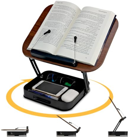 Buchständer Holz mit praktischem Stauraum, 360° drehbarer Buchhalter Leseständer mit Höhenverstellung, Holzbuchständer kratzfreier Seitenclip mit Kugellager für Büro, Küche, Rezepte, Tablet