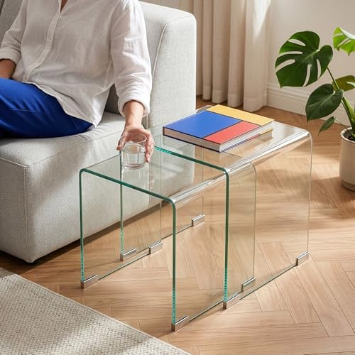 [en.casa] Satztisch-Set Kariengem Transparent 2er Set Couchtisch aus gehärtetes Glas Beistelltisch Sofatisch Wohnzimmer