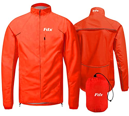 FDX Men’s Cycling Jacket - Waterproof Lightweight Breathable Cycle Rain Jersey High Visibility Full Sleeves Reflective Tops Windproof Packaway Pouch Coat for Running, Riding, Mountain Bike (Red, XL)