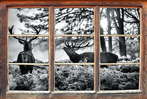Stil.Zeit Monocrome, Hirsch Rivalen kämpfen Fenster im 3D-Look, Wand- oder Türaufkleber Format: 92x62cm, Wandsticker, Wandtattoo, Wanddekoration