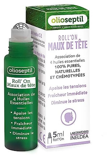 OLIOSEPTIL - Roll'On Maux de Tête - Apaise les tensions - Fraîcheur immédiate - Diminue le stress - Aux Huiles Essentielles - Extrait de plantes - Marque Française - Roll'on 5ml