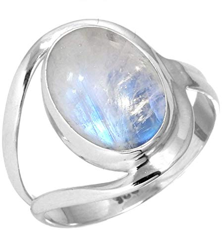 Jeweloporium Silberring mit weißem Mondstein, Größe 62 (19,7), 925er Sterlingsilberring für Damen, echter ovaler Edelstein-Boho-Schmuck