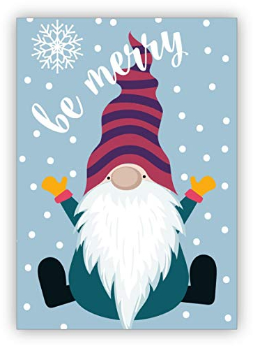 Kartenkaufrausch Fröhliche Weihnachtskarte mit süßem Wichtel im Schnee: be merry • als liebevolle Weihnachtspost zum Jahreswechsel für Familie und Firma
