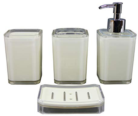 KLEO Badaccessoires-Set 4er Set - Seifenspender, Zahnbürstenhalter, Seifenschale und Badeset, elfenbeinfarben