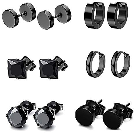 6 Pairs Black Earrings Studs, Stainless Steel Studs Set Cartilage Earrings Hoops Barbell Ear Plugs Ear Piercing Triangle Screw Studs Barbell Earring Ear Studs Men's Earrings