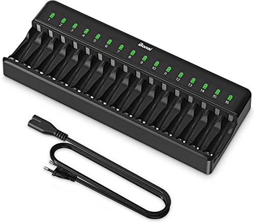 BONAI AA AAA Akku Ladegerät 16 Slot Universal LED Batterieladegerät Intelligentes Akkuladegerät Smart Battery Charger für AA/AAA NI-MH NI-CD Wiederaufladbar Batterien, Schwarz