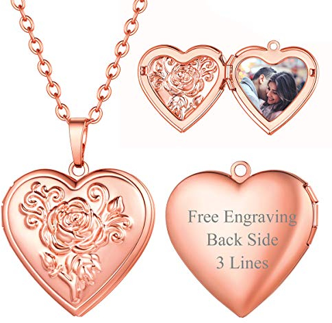 FOCALOOK Damen Rosegold vergoldet Fotokette personalisiert Herz Anhänger mit Rolokette Roseblume Medaillon zum Öffnen für Foto Bilder Namen Gravur Schmuck für Frauen Mädchen