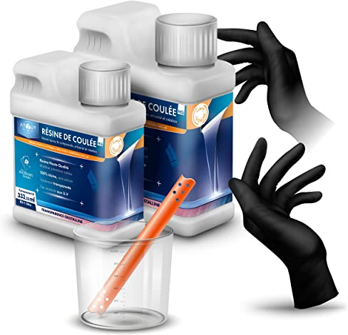 resine epoxy transparente (1L) d'inclusion bi- composants/UV/ratio 2/1 cristalline pour bijoux, créations d'objet, table rivière. Fabrication en France.