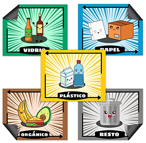 Imanes Adhesivos de Reciclaje con Dibujos Kawaii de Colores - Set de 5 Pegatinas magnéticas para Cubos de Basura metálicos - Tamaño Grande y Español - Reciclar Vidrio, Plástico, Orgánico, Papel