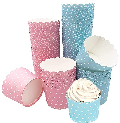 Willoo 100 Stück Cupcake, Cupcake Muffin Backen, Mini Muffin Förmchen, Papierkuchen Liner Tasse Mit Tupfenmuster für Hochzeit, Geburtstagsfeier, Feiertagsfeier Als Dekoration (Blau, Rosa)