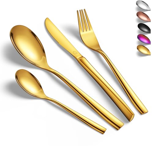 vancasso Besteck Set 12 Personen, Besteck Set 18/10 Gold Besteckset mit Messer/Gabel/Löffel/Dessertlöffel, 48-pcs Goldenes Besteck Poliert mit Geschenkbox, Modernem und Schlichtem Design