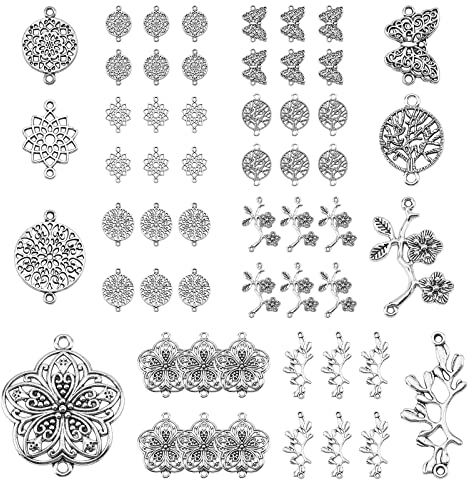 SUNNYCLUE 1 Box 64 Stück 8 Stile Schmetterling Baum des Lebens Verbinder Charms Zubehör Chakra Blume Bastelbedarf Für DIY Schmuck Armband Halskette Ohrring Herstellung Bastelzubehör Antik Silber