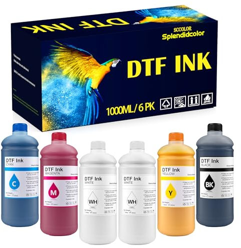 Splendidcolor DTF Tinte, 1000 ml, 6 Stück, hochwertige DTF-Tinte auf Wasserbasis, digitale Tintenstrahltinte für Direktdrucker mit Druckkopf L1800 L805 R1390 4720 I3200 XP600 DX7 DX5