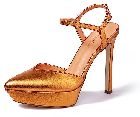 GENSHUO Tacones Altos de Plataforma para Mujer Sandalias con Punta y Correa de Tobillo Tacones de Aguja de Punta Cerrada 12 CM/4,72 Pulgadas Sandalias Puntiagudas para Fiesta, Naranja 38EU