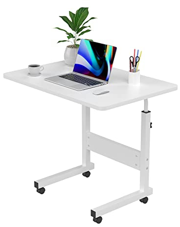 PIPIPOXER 60x40cm Laptoptisch mit Rollen, höhenverstellbarer 69-90cm, Schreibtisch Computertisch Mobiler Stehtisch Überbett-Tisch 360 Drehbaren Tischplatte, Beistelltisch fürs Sofa, Weiß