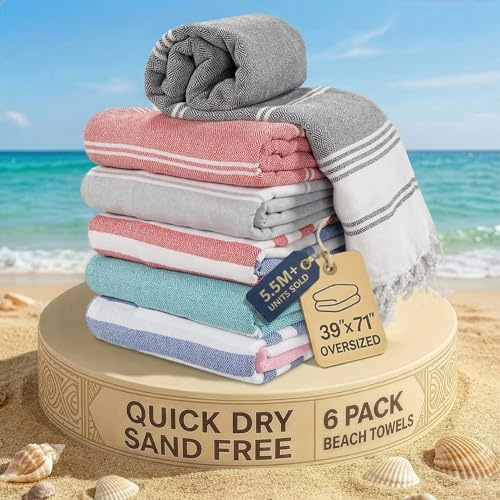 LANE LINEN Pool Towels, Turkish Beach Towels Oversized Set of 6, Cotton Rich Pre-Washed, No Shrink, Quick Dry Travel Towel, Stylish Beach Towel For Women, Absorbent & Sand Free towel, 39x71 - Grey
