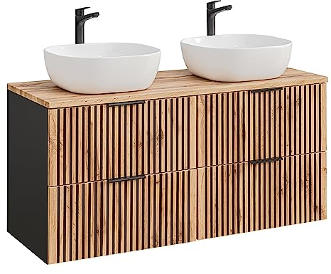 Lomadox Badezimmer Doppelwaschtisch 121 cm Waschtisch Unterschränke Waschtischplatte 2 Waschbecken anthrazit mit Eiche Nb. schwarz gerillt, 120,6x74,2x46,5 cm