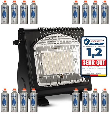 Z.M.C Chauffage à gaz portable 2 en 1 + 16 cartouches de gaz 227 g Chauffage en céramique multifonction Chauffage de camping 1,7 kW Chauffage à gaz pour extérieur, balcon, radiateur mobile avec