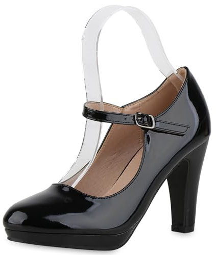 VAN HILL Damen Mary Janes Trichterabsatz Lack Klassisch Schuhe 213592 Schwarz Lack 37
