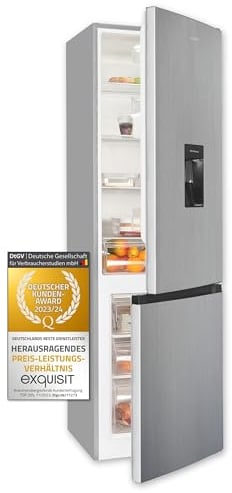 Exquisit Kühl-Gefrierkombination, 180 cm Höhe, Kühlschrank mit Gefrierfach, 260 Liter, Wasserspender, Alarm-Funktion, 4-Sterne-Gefrierfach, KGC5265-70-WS-040D inoxlook