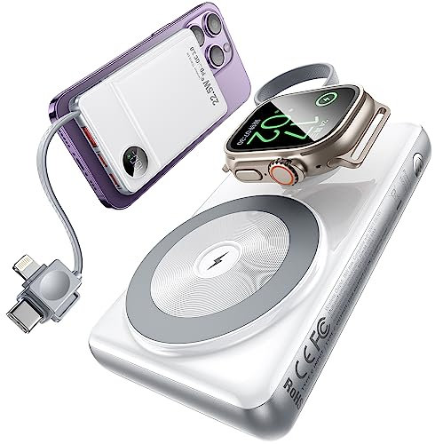 LISEN Bcak to School Magsafe Power Bank for iPhone [22.5W Built-in Cable] Magnetic Phone Charger 10000mAh Portable Wireless Power Bank Fast Charging for Apple Magsafe Battery Pack Fits iPhone