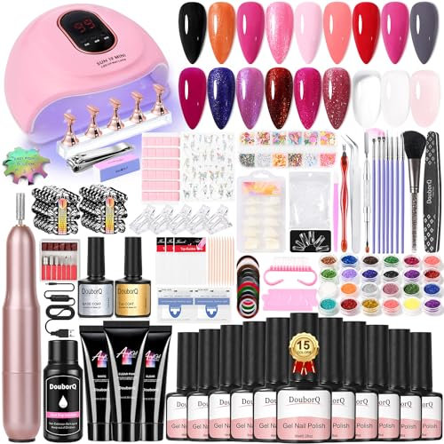 DouborQ Gel Nail Kit with Electric Drill & Lamp - 15 Color Gel Polish Set, Poly Nail Extension Kit, Art Tools for DIY at Home
