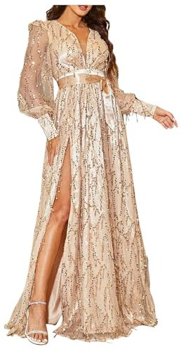 Sosy Women's Deep V-Neck Sequin Long Sleeve High Split Prom Dress - Gold Glitter Lace Up Maxi Dresses