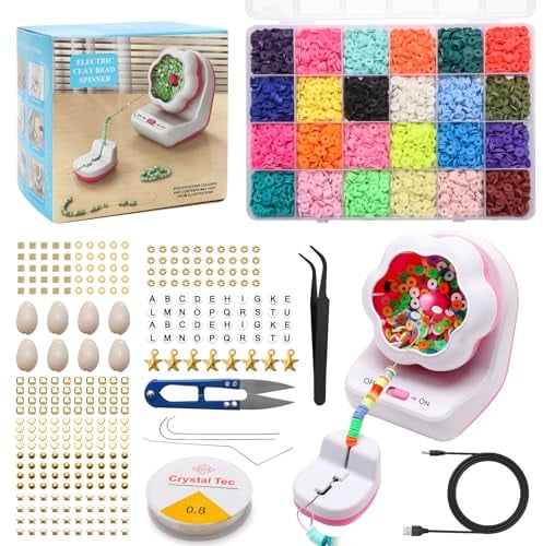 Zhichengbosi Clay Bead Spinner, Pink Electric Bead Spinner with 4800 PCS Clay Beads, Big Eye Beading Needles, Many Kinds of Beads Kit for DIY Jewelry Making, Waist, Bracelets, Necklaces