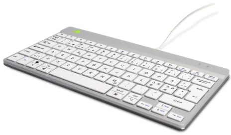 R-Go Compact Break Tastatur, mit Pause-Anzeige, ergonomische Mini-USB-Tastatur, QWERTY (ND), kabelgebunden, Weiss