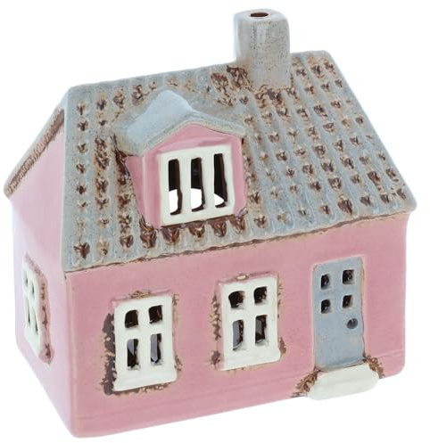 Shudehill Giftware Village Pottery Ceramic Tealight Holder Tile and Brick Pastel House Collection (Pink)