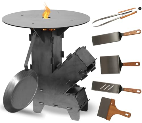 Czaja® Raketenofen inkl. Grillplatte, Eisen Bratpfanne und 5-tlg Grillbesteck | Rocket Stove Stecksystem aus 3 mm dickem Stahl, Hobo Kocher, Camping Campingkocher Campinggrill Made in Germany