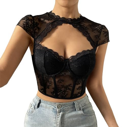 Y2k Long Sleeve Lace Crop Top Fairy Grunge Tee Shirt Patchwork Slim Fit T-Shirt Cute Kawaii Aesthetic Streetwear Fake 2 Piece Tops (Black Hollow Out, S)
