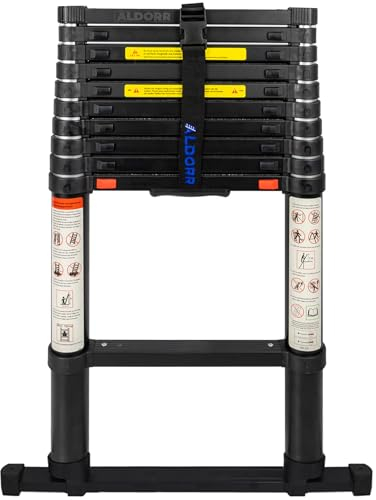 ALDORR Professional 10.5FT / 3.2M Telescopic Ladder Made Aluminum - with Telescopic Stabilization Bar - Load Capacity up to 150kg - Soft-Close System - Safe and Reliable (EN131)