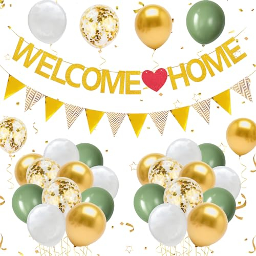 YSUVIN Welcome Home Dekoration, Herzlich Willkommen Girlande, 1 Welcome Home Banner, 1 Triangular Flag Banner, 20 Luftballons für Zuhause, Hochzeit, Einweihungsparty, Gold+Grün