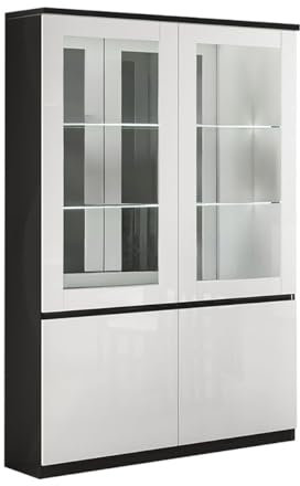 AltoBuy DEYTON - Vitrine 4 Portes Laquée Noir et Blanc Brillant avec LEDs