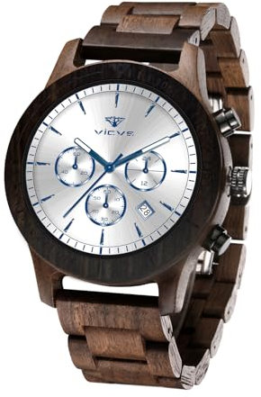 VICVS Herren Holzuhr 100% Naturholz Uhr Japanisches Quarzwerk mit Datumsanzeige Chronograph Funktion, Walnussweiß, Modern