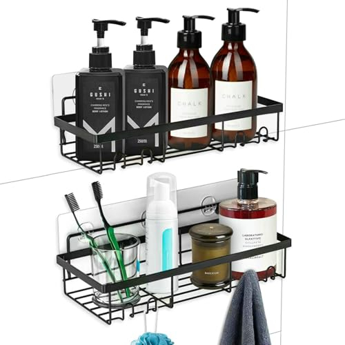 Malajess Duschablage Ohne Bohren 2 Stück, Badezimmer Organizer mit 8 Haken, Schnell trocknende Badregal, mit großer Kapazität, Langlebige Shampoo Halterung für Dusche (Schwarz)
