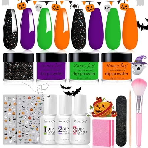 Honey Joy Dip Powder Nail Kit Starter, 4 Colors Halloween Witch Black Pumpkin Orange Mystic Purple Dipping Powder Liquid Set with Base Top Coat for Nail Art Manicure Salon DIY, Dip-7pcs-No.10