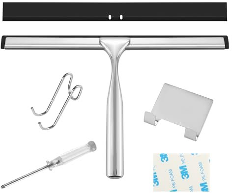 25CM Limpia Mamparas Ducha,Limpiacristales para Ducha De Acero Inoxidable,Viene con 2 Ganchos Diferentes y 1 Hoja de Silicona de Repuesto, Adecuados para Limpiar Baños, Cocinas