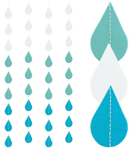 ANNASAMDO 4 Stück Regentropfen Girlande Blau Papier 1,2m Party Deko | 9 Tropfen je 3,5x5,5cm mit Faden. Farbverlauf Perlenpapier. Wiederverwendbar für Feiern Geschenk.