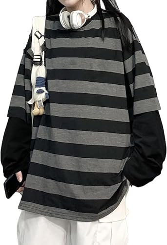 Harajuku Oversized Stripe Casual Long Sleeves Crew Neck Gothic Loose Couple Streetwear Tee Tops Grey