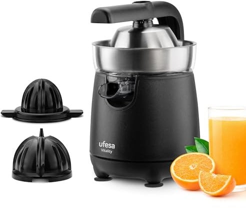 Ufesa Vitality, Presse-agrumes Électrique à Bras, 120W, Versement Continu, Système Anti-goutte, Double Cone, Filtre en Acier Inoxydable, Bras pour l'extraction du Jus, Sans BPA, Noir Inox