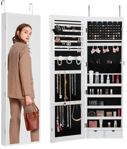 VEVOR Armoire à Bijoux Mural 119,5 cm, Organisateur de Bijoux avec Miroir et LED Intérieur, Meuble de Rangement Mural pour Bijoux Verrouillable, Fixé au Mur ou à la Porte, avec Tiroirs, Blanc