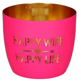 Madras, Windlicht, M, Motiv: Happy Wife, Happy Life, hot pink/Gold