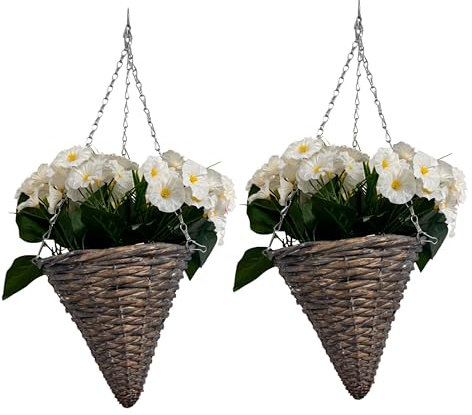 ADEPTNA Set of 2 Artificial Petunia Hanging Baskets UV-Protected Faux Flower Cone Shaped Woven Baskets with Hanging Chains Realistic Outdoor Indoor Decoration Gardens Patios Balconies (WHITE)