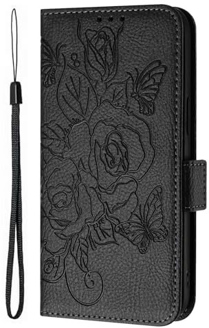 Case for Samsung Galaxy Xcover7, Leather Phone Case for Shockproof Wallet Flip with Embossed Roses and Butterflies Magnetic Kickstand Card Slots Case, Black