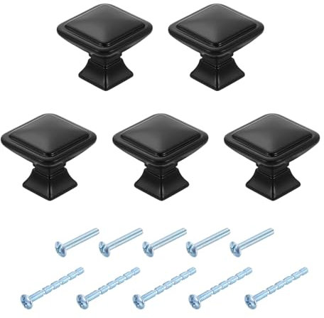 sourcing map 5Pcs Square Cabinet Knobs, 1.2 Inch Square Kitchen Cabinet Knob Zinc Alloy Drawer Knob Handle Pulls for Kitchen Cabinets Bedroom Dresser Wardrobe, Black