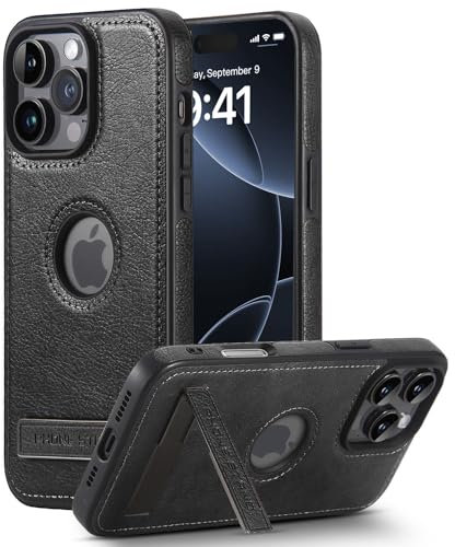 BinBoom Leather Case for iPhone 16 Pro Case, Thin Flexible Soft Grip Luxury Cover, Protective Slim with Kickstand Shockproof Phone Cases Compatible with iPhone 16 Pro, Black