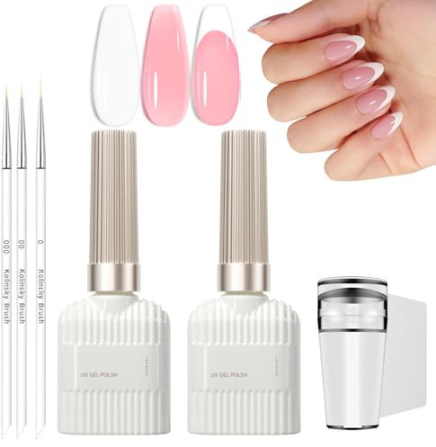 French Manicure Kit - Jelly Pink White Gel Nail Polish Set - Jelly Gel Kit for French Tip Manicure with 3Pcs Nail Art Pen and Nail Stamper - Long Lasting UV for Home DIY Salon