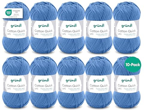 Gründl Laine Cotton Quick uni Fil à crocheter 10 pelotes 50 g, Océan | laine fine pour crochet – fil à tricoter – fil à crocheter – brillante et douce pour la peau – 100 % coton – 50 g / 125 m